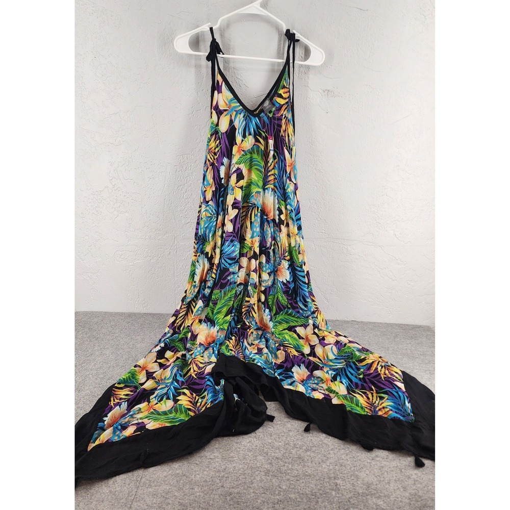 Vince Camuto Tropical Floral Tassel Sharkbite Hem Maxi Dress Beach Swim Cover OS